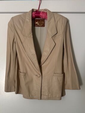 Vintage Beige Leather Blazer Jacket Minimal 90s Tailored Soft Lambskin size 6/ S